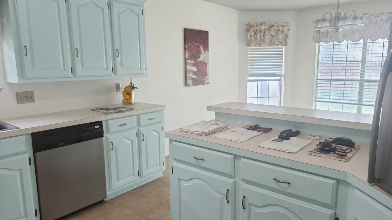 Meander Blue SW 6484 by Sherwin-Williams visualized on kitchen cabinets — real home after photo